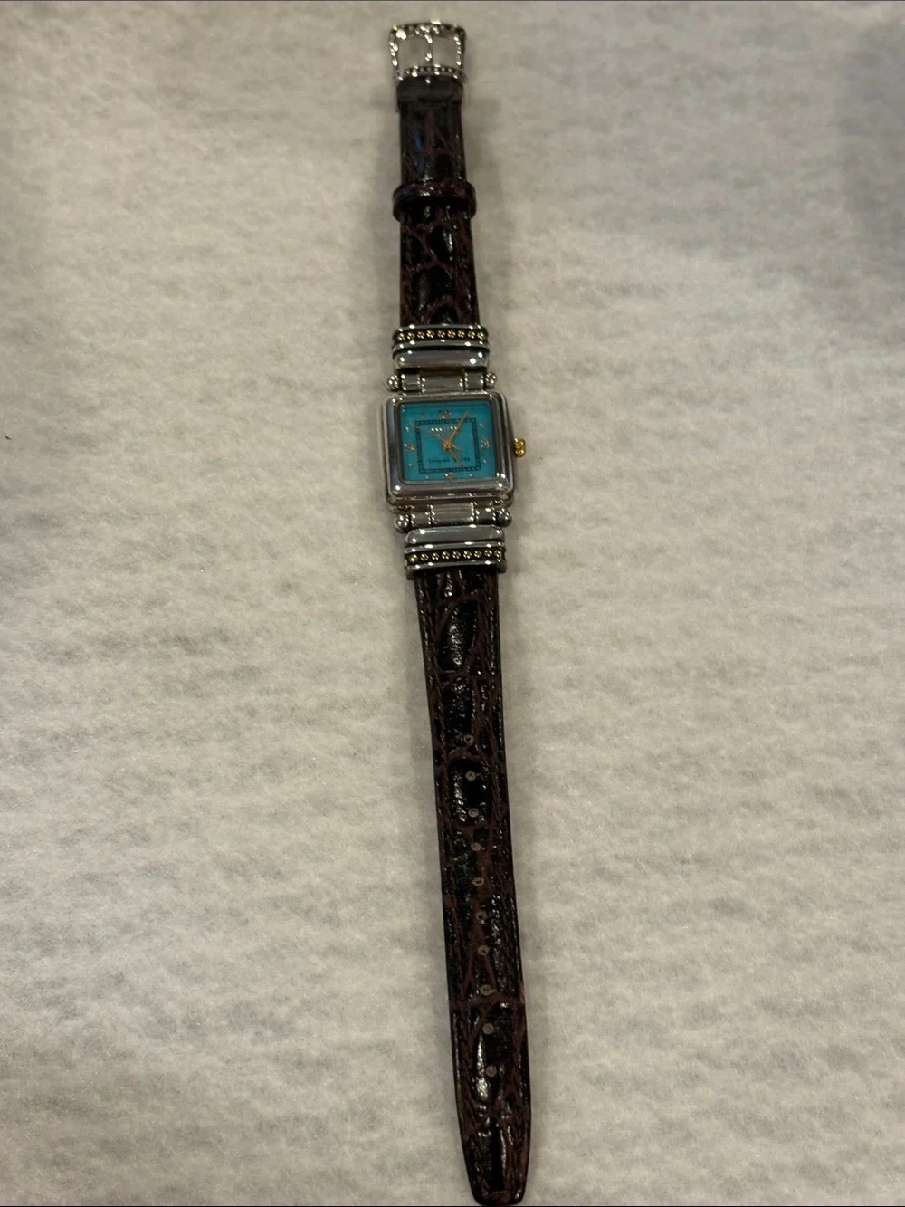 Sterling Silver Women's Watch with Turquoise Dial and genuine leather strap